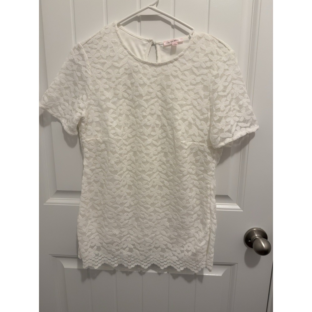 Teddi Rise Women's White Blouse‎ Lace Overlay Scalloped Bottom Size Small
